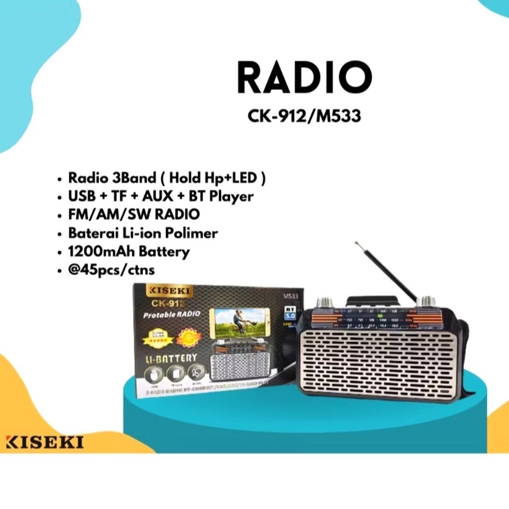 Radio Portable Kiseki CK-912 Retro Style Bluetooth 5.0 - 3 Band Radio FM AM SW USB TF Card