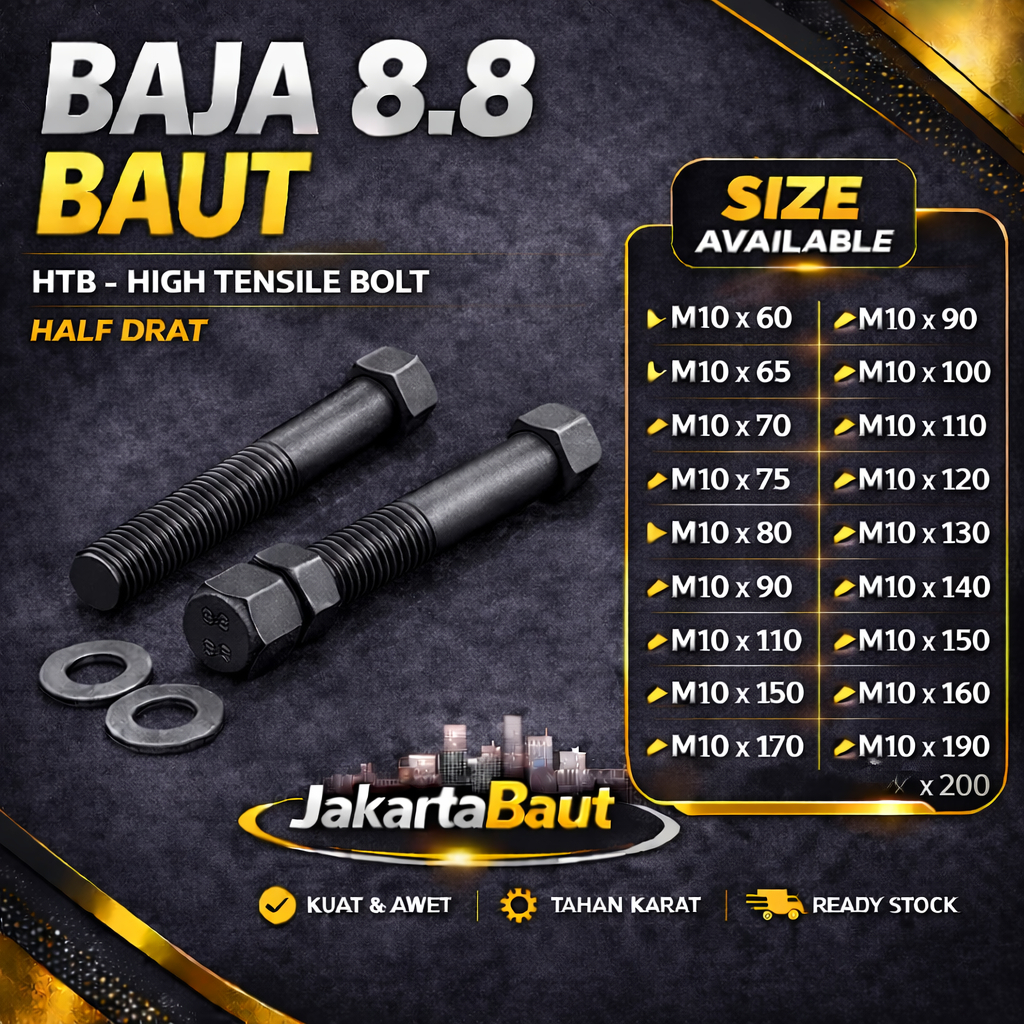 Baja 8.8 Baut M10X130 / Baut 10X130 / M10 X 130 / 10 X 130  Grade 8.8 HTB - High Tensile Bolt Half D