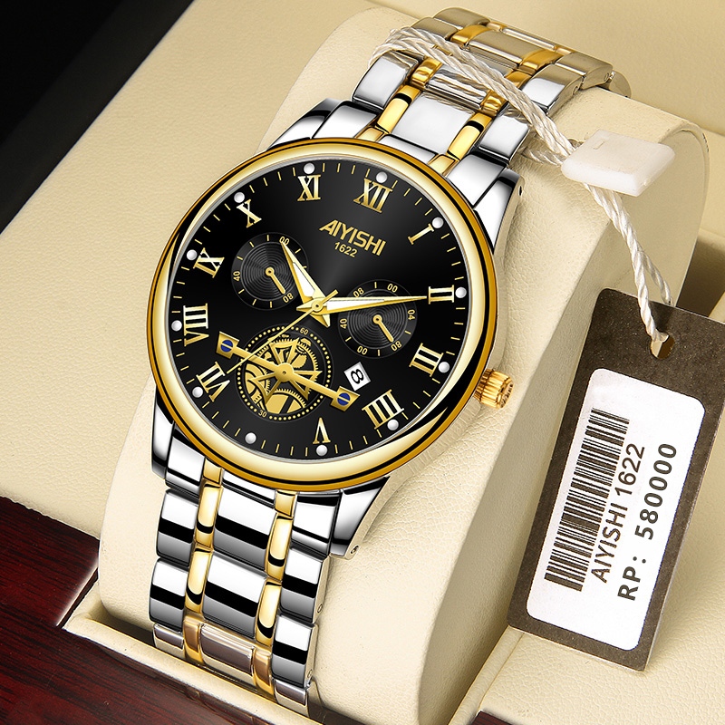 Jam Tangan Pria AIYISHI Original 1622 | Desain Mechanical Tourbillon | Strap Rantai Emas Perak | Tah