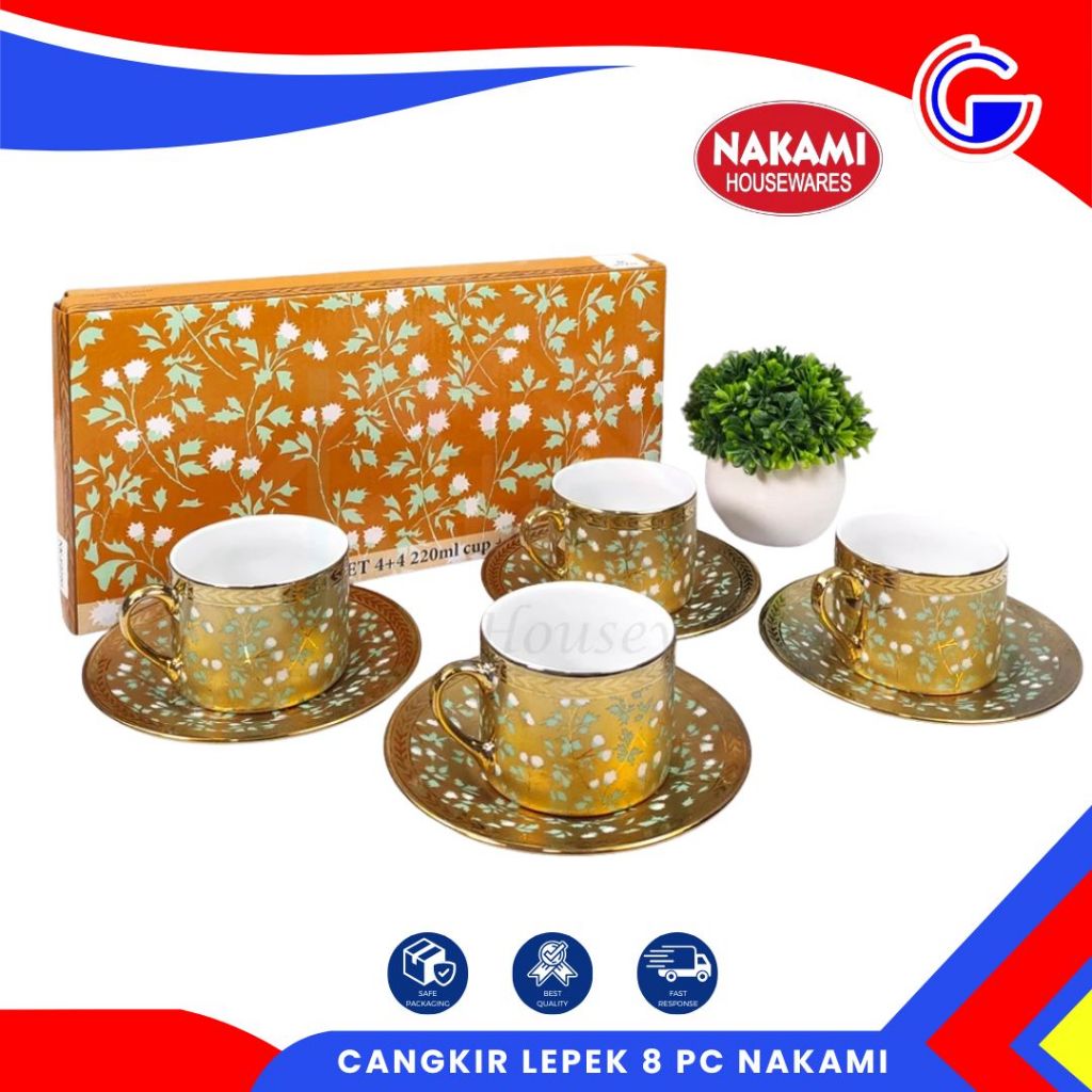 Nakami Gold Blossoms Tea Set Keramik 220Ml - Cup & Saucer 8 Pcs Gift Box - Set Cangkir Lepek Hampers