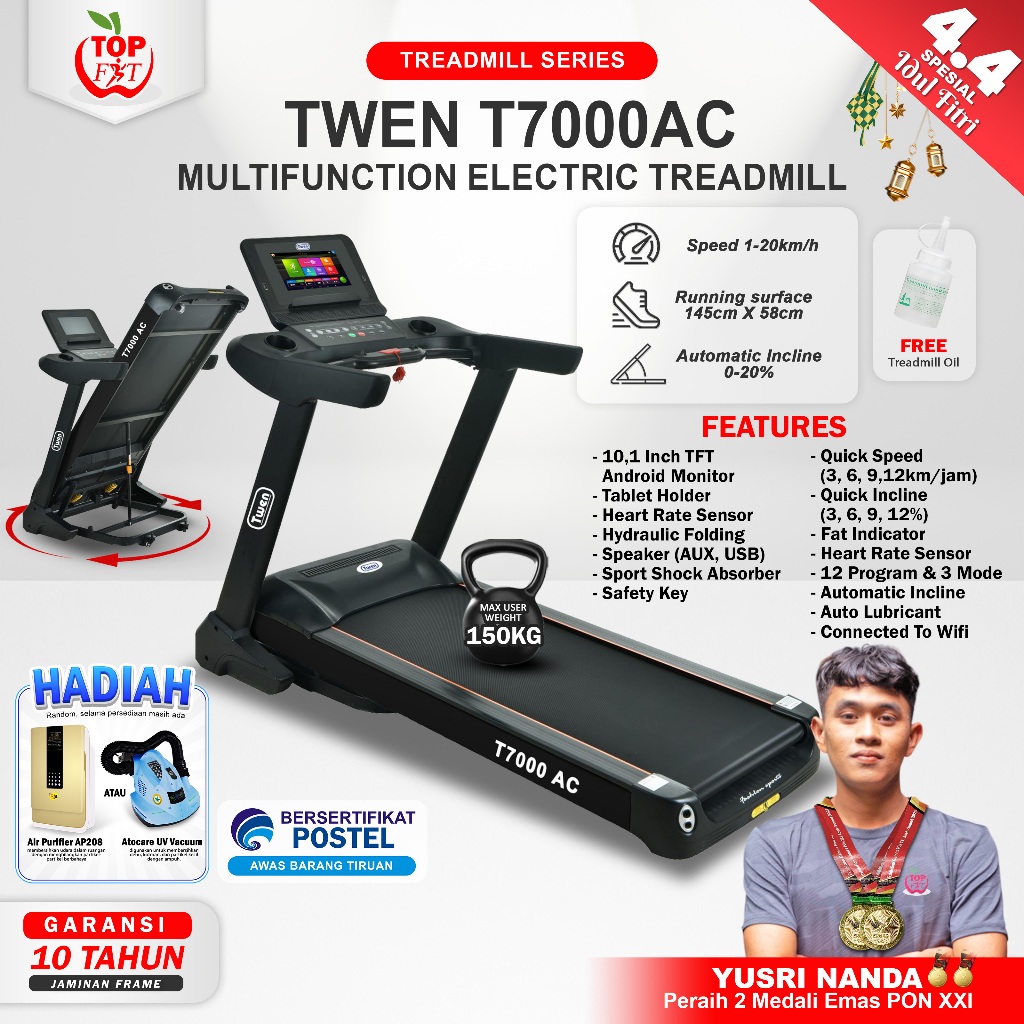 TWEN T7000AC Treadmill Listrik Treadmill Portable Treadmill Multifungsi Treadmil Lipat Alat Olahraga