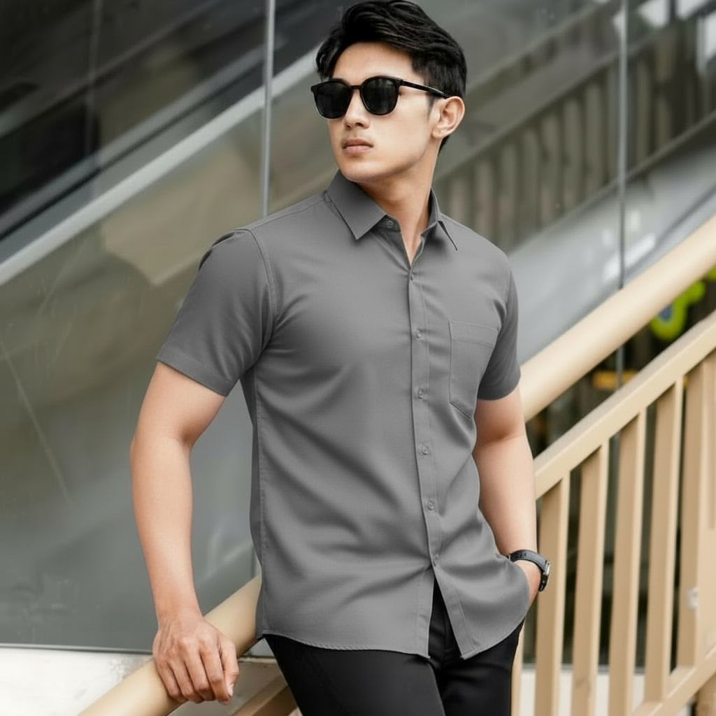 Tangiowild Hem Pria Polos Biru Lengan Pendek Tekstur 3D | Poshboy Leisure Shirt