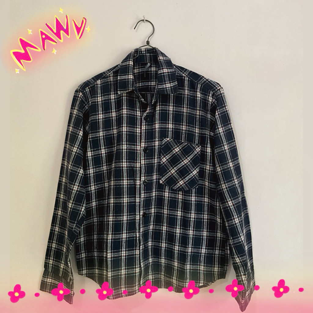 [MaWu Preloved] Kemeja Flannel Kotak Navy Fairgoods | Plaid Shirt Casual Unisex