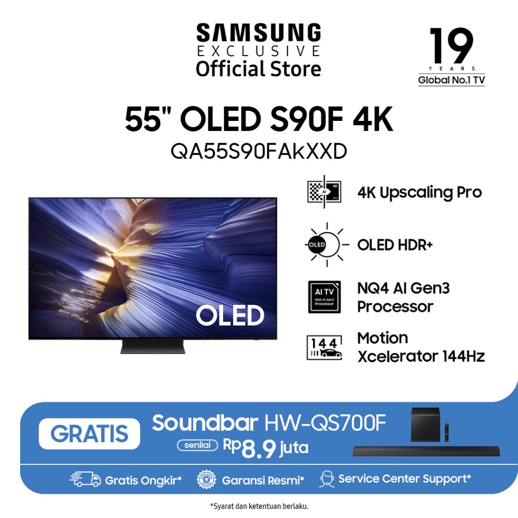 Samsung Smart TV 55" OLED 4K S90F | OLED HDR+ | 4K AI Upscaling | QA55S90FAEXXD