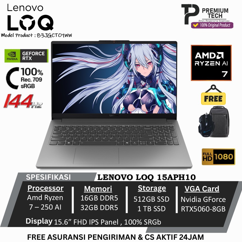 Lenovo LOQ 15 AMD Ryzen 7 8845HS RAM 32GB 2TB SSD RTX4060 8GB FHD IPS 144Hz Backlit Windows 11 Home