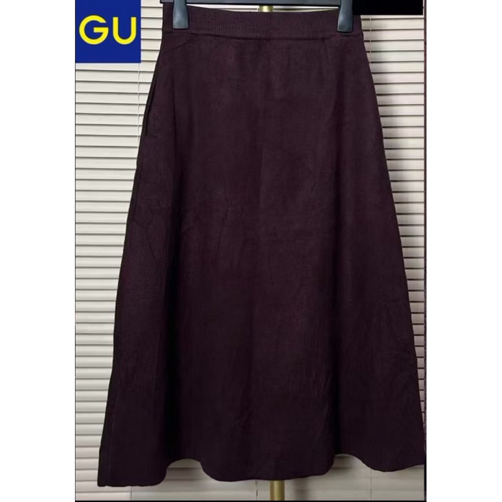 rok midi skirt soft knit burgundy branded by GU Uniqlo