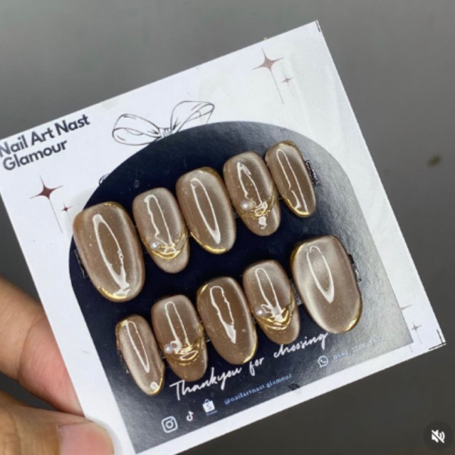 Cat Eye Coklat Kuku Palsu Murah warna Fake Nails Wedding Wisuda Press On Nails Lamaran Murah