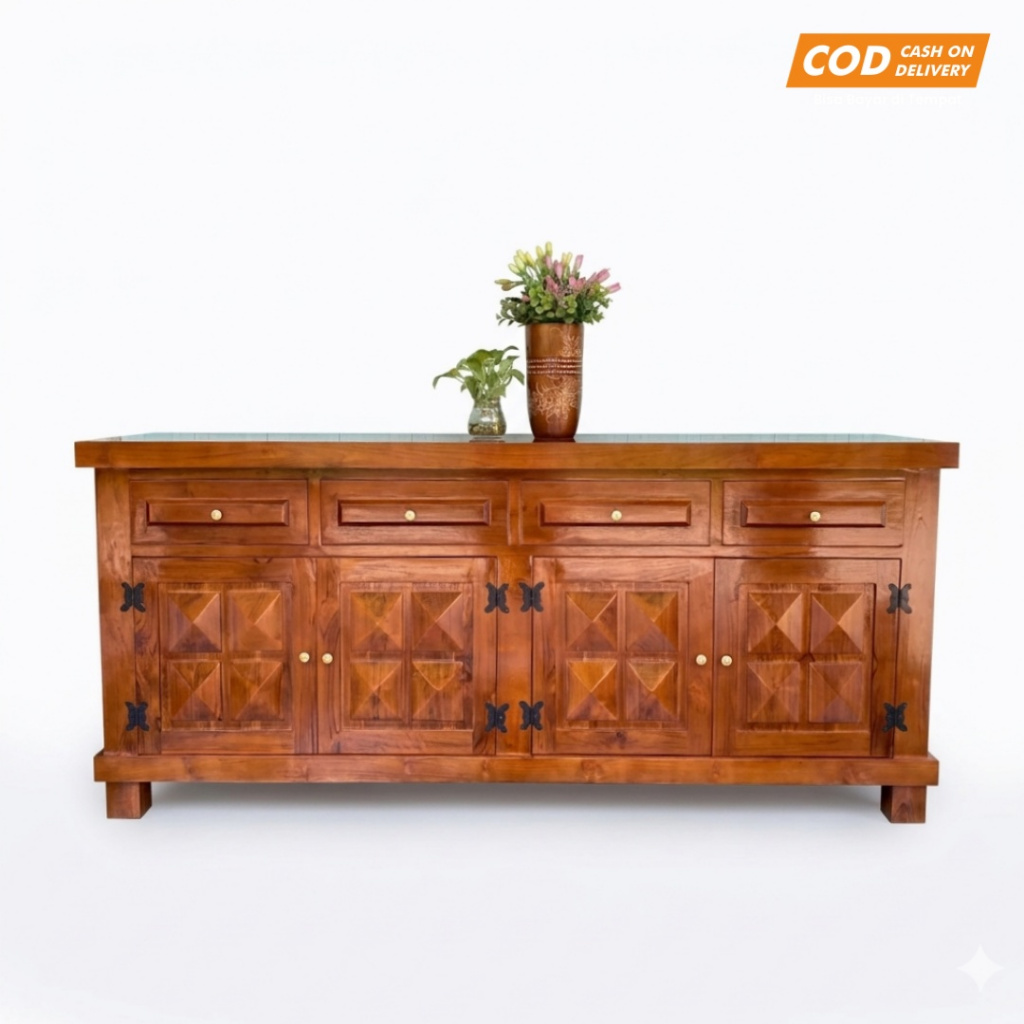 Buffet TV Kayu Jati Minimalis Lemari Pajangan Klasik Sideboard Mewah Jepara Modern
