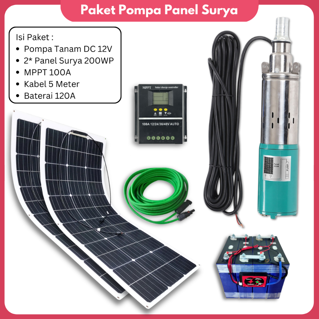 Pompa Sumur DC 12V Paket dengan Panel Surya 200WP Pompa Sibel Tenaga Matahari Irigasi Kebun