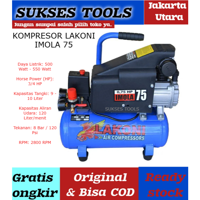 Kompresor Angin Lakoni Imola 75 - Imola75 Kompressor Listrik 3/4 HP 10 L