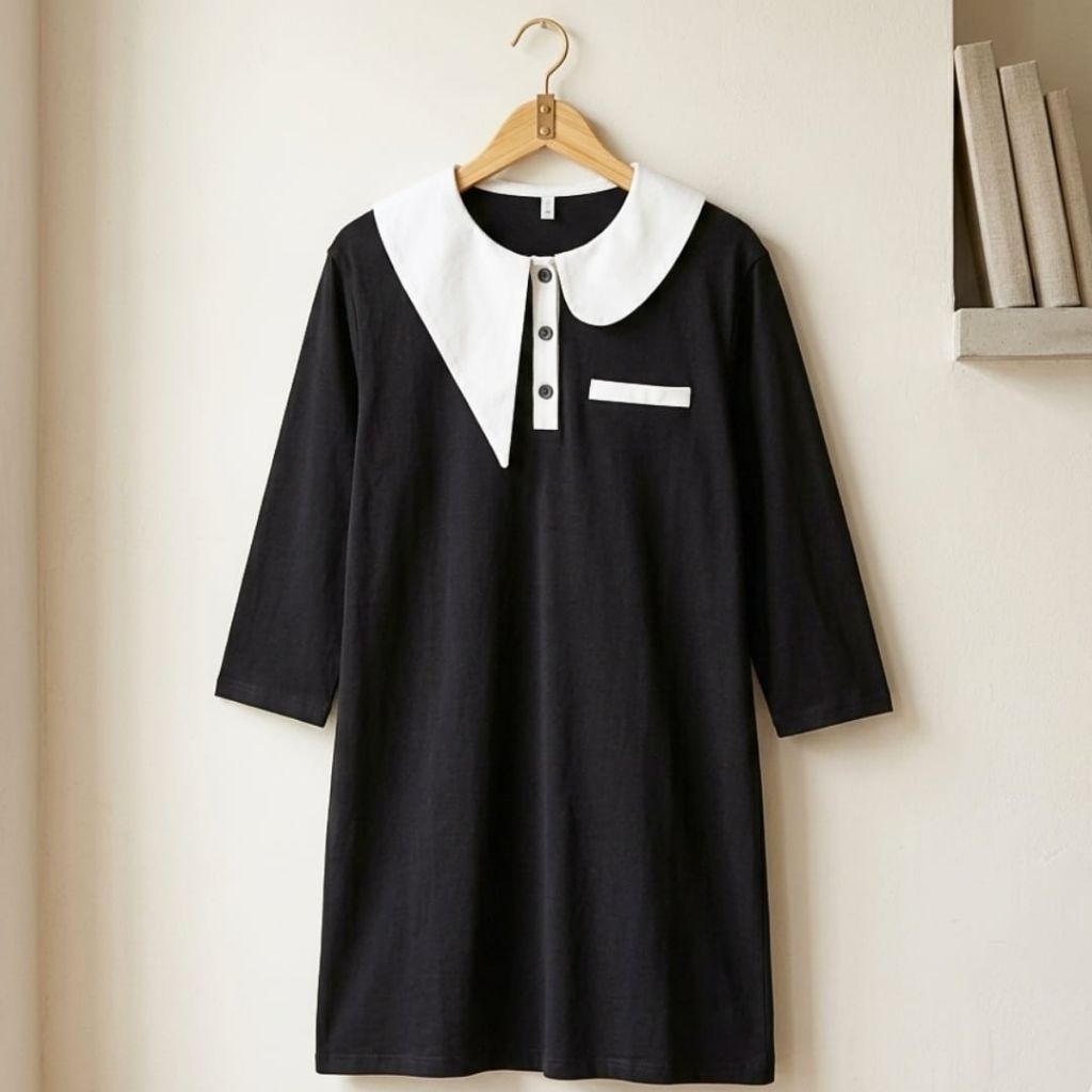 Midi Dress Hitam Kerah Unik Simple by Aiweier