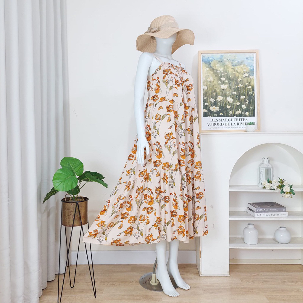 Daster panjang tali satu sexydress rayon adem tanpa lengan | Rok susun lebar busui bumil friendly