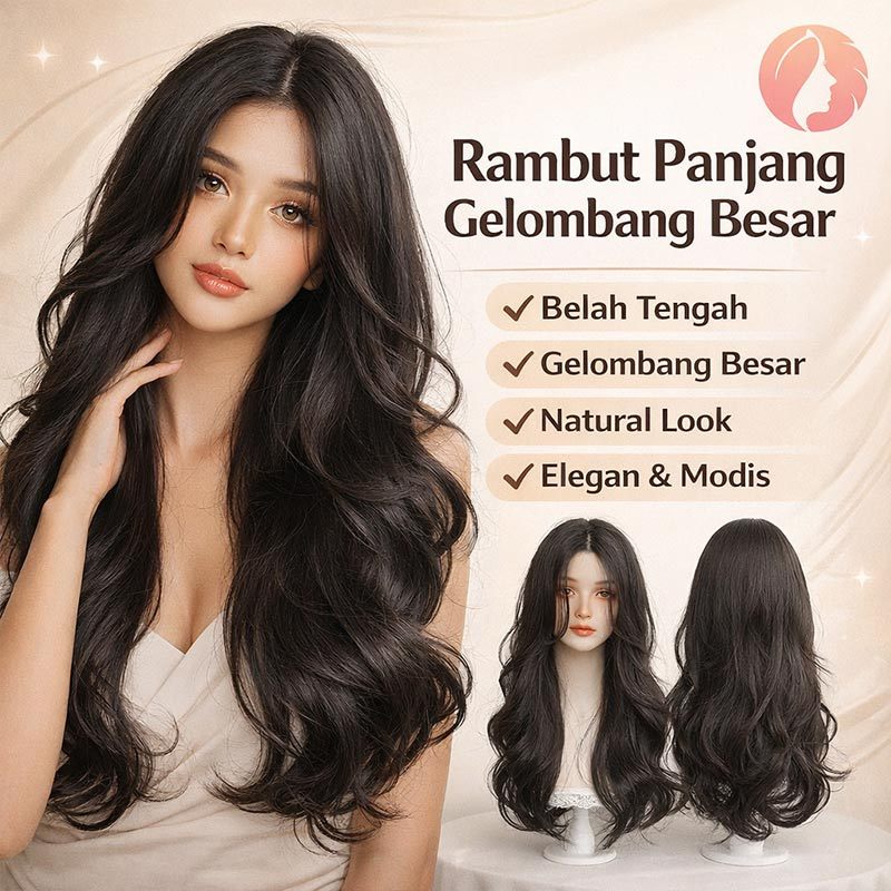 JUELREOU/Rambut Palsu Panjang Bergelombang/Rambut Palsu Bergelombang Hitam/Cap Wig/Rambut Palsu Wani