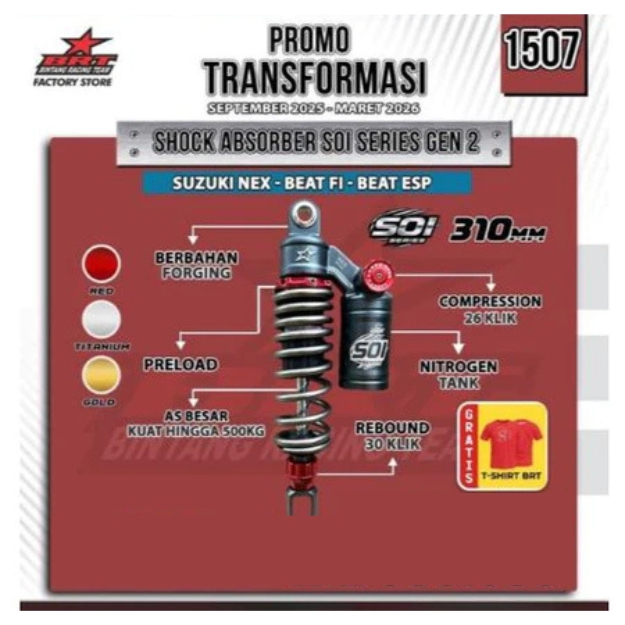SHOCKBREAKER ABSORBER BRT 310MM SUZUKI NEX BEAT FI BEAT ESP Shock Soi Skok Absorber 310 MM GEN 2 BRT