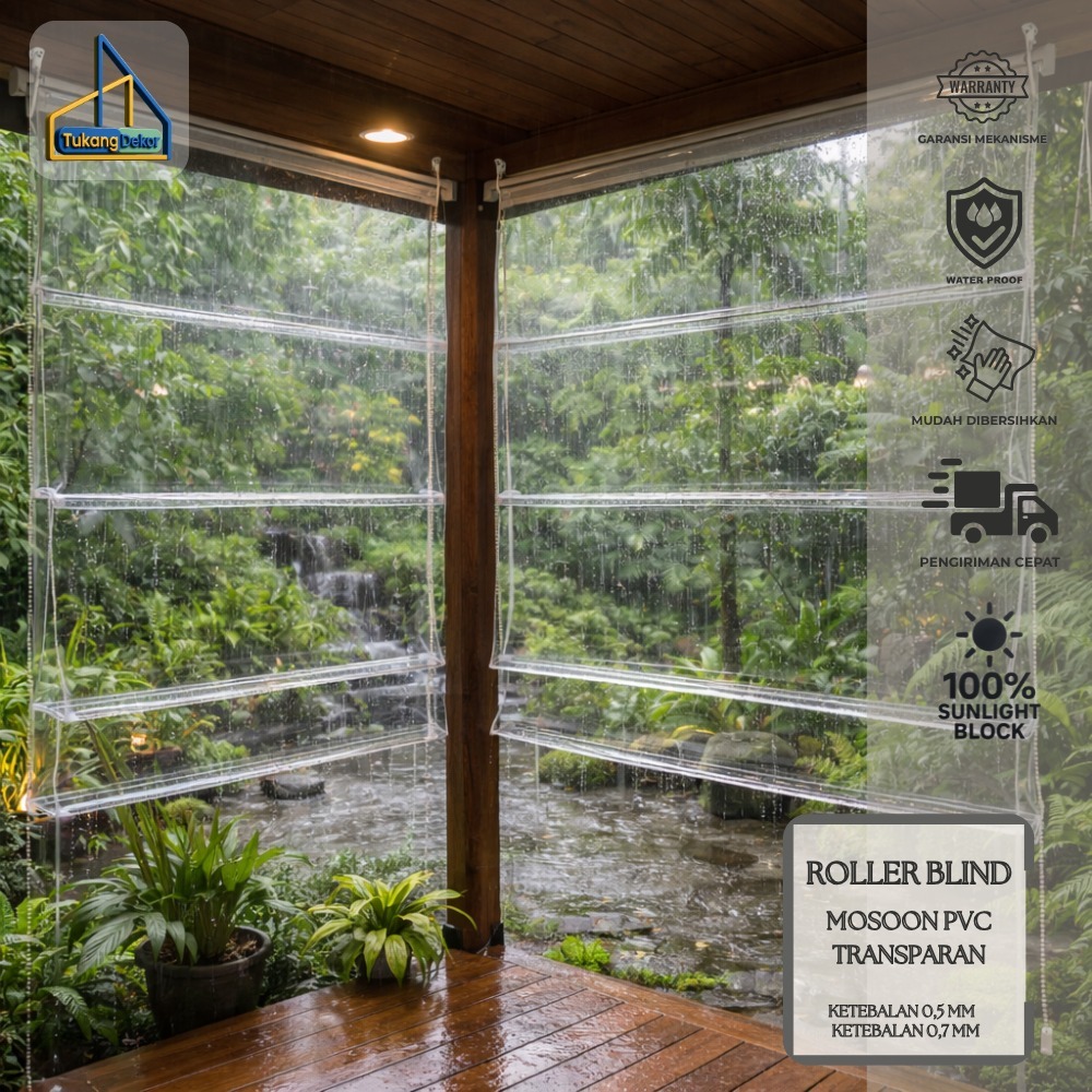 Roman Shade Monsoon PVC 0,5 Ready Stok Roller Blinds Tahan Air - Tirai Plastik Outdoor - Krey Gulung