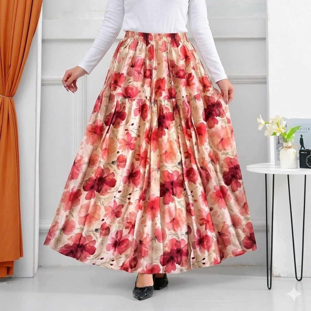 Rok Floral Motif Bunga Bahan Rayon Premium Bawahan Wanita Adem Jatuh Flowy Panjang Motif Bunga