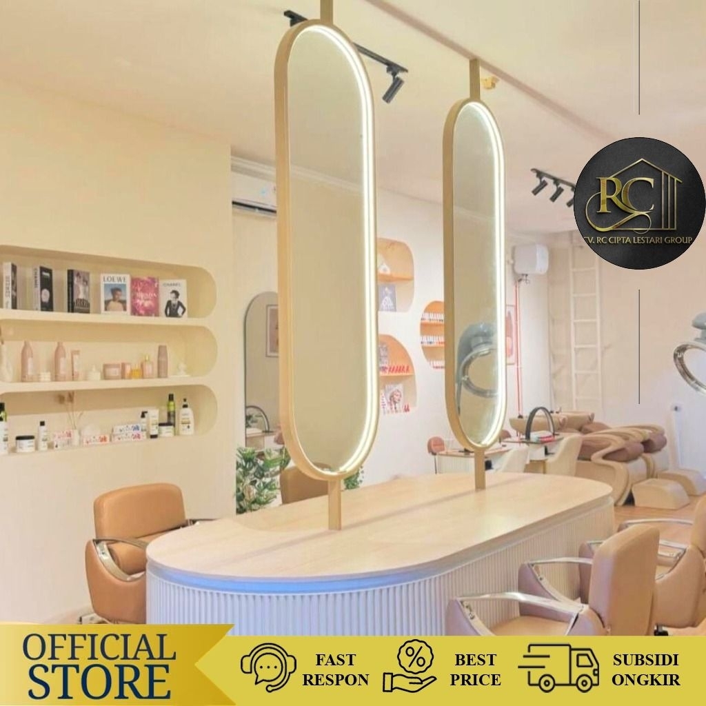 Meja Oval Kaca Cermin Interior Salon Nail Art Salon Kecantikan Full HPL & Kisi Kisi Panel Wood