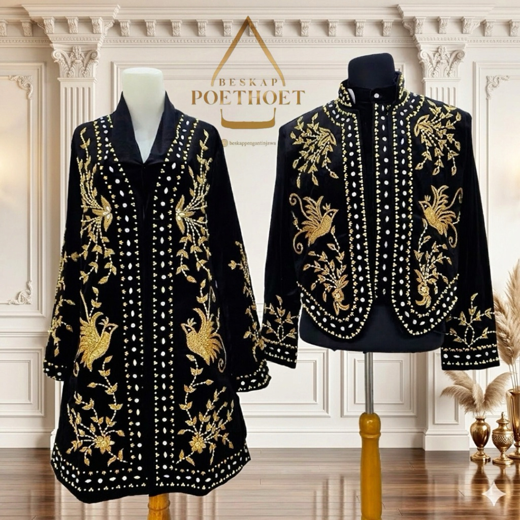 Beskap poethoet Sepasang Beskap dan Kebaya Selutut Pengantin Adat Jawa Bludru Hitam Payet Gold Solo 