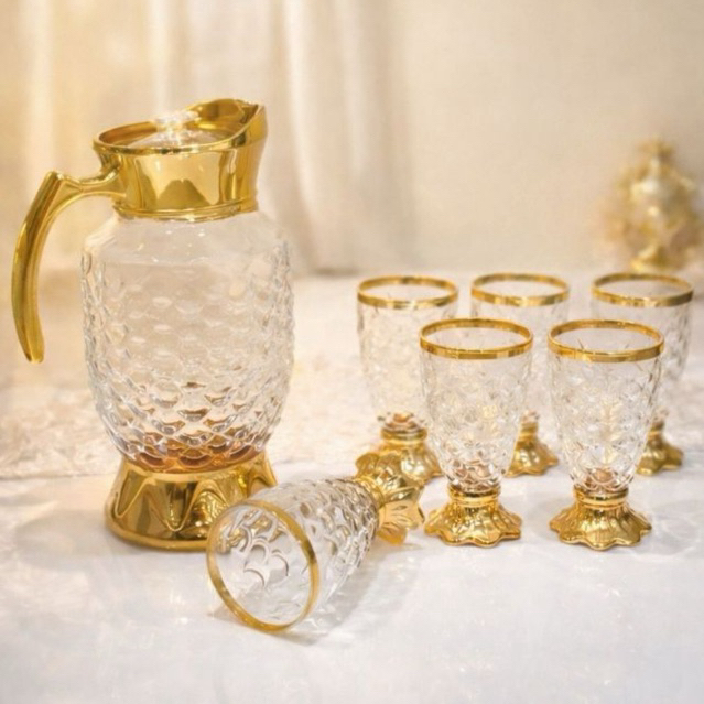 (KHUSUS INSTANT/SAMEDAY)Teko Set Cangkir Gold 7 Pcs-Teko Set Mewah-Teko Sultan Set 7 Pcs