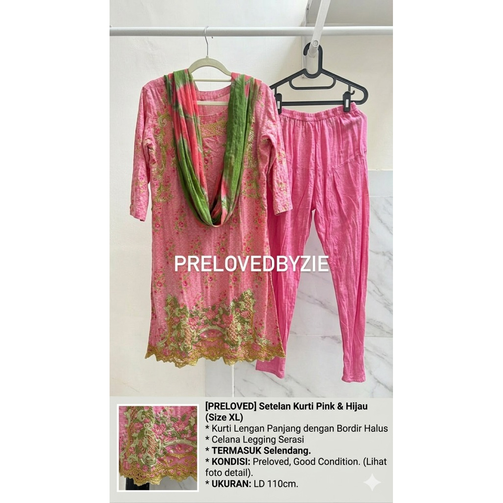[PRELOVED] Setelan Kurti India Pink Floral & Celana Churidar Kancing