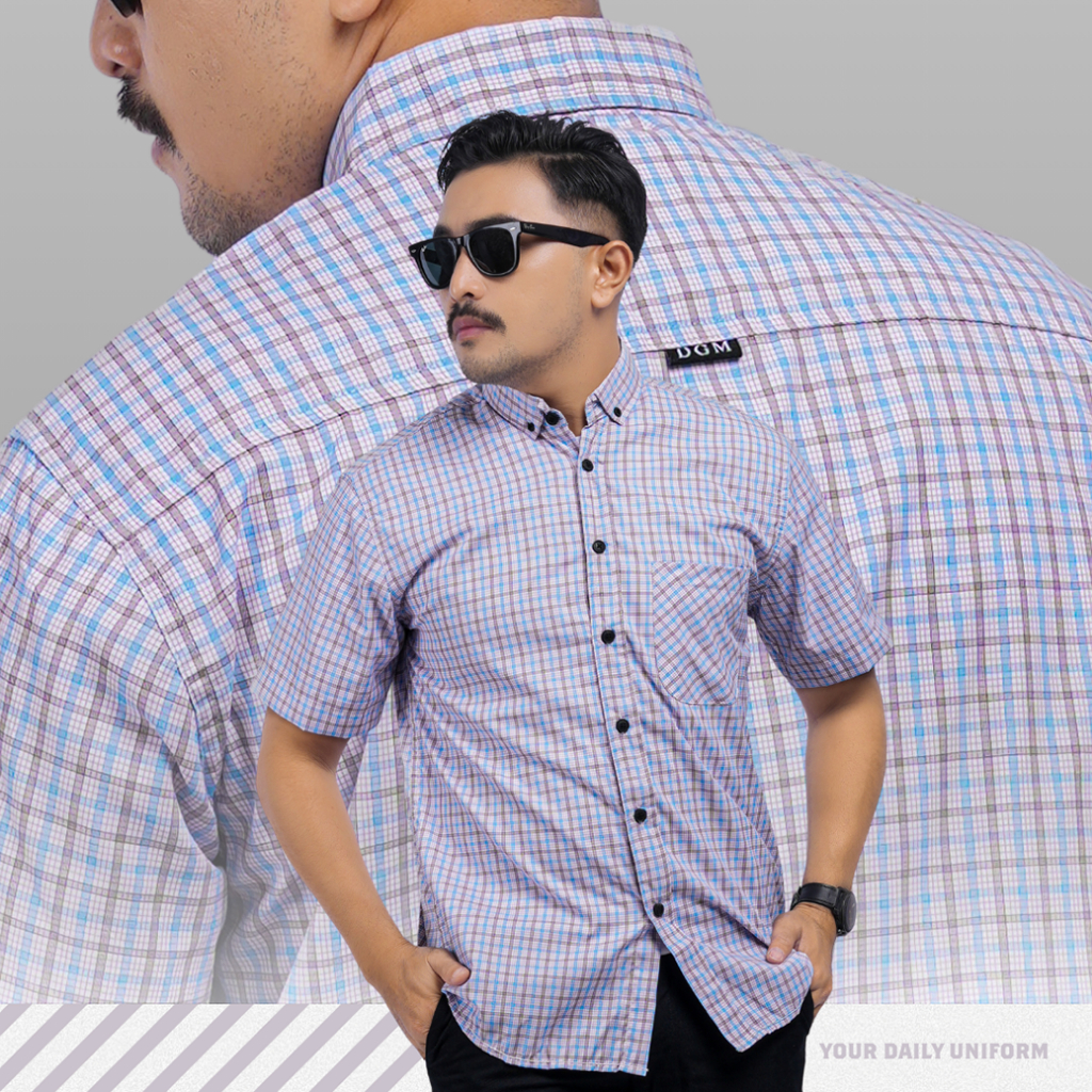 DGM Kemeja Pendek Kemeja Pria Yarndyed Pendek Kotak Kemeja Yarn Dyed Kotak Kecil Biru - Ungu 3343