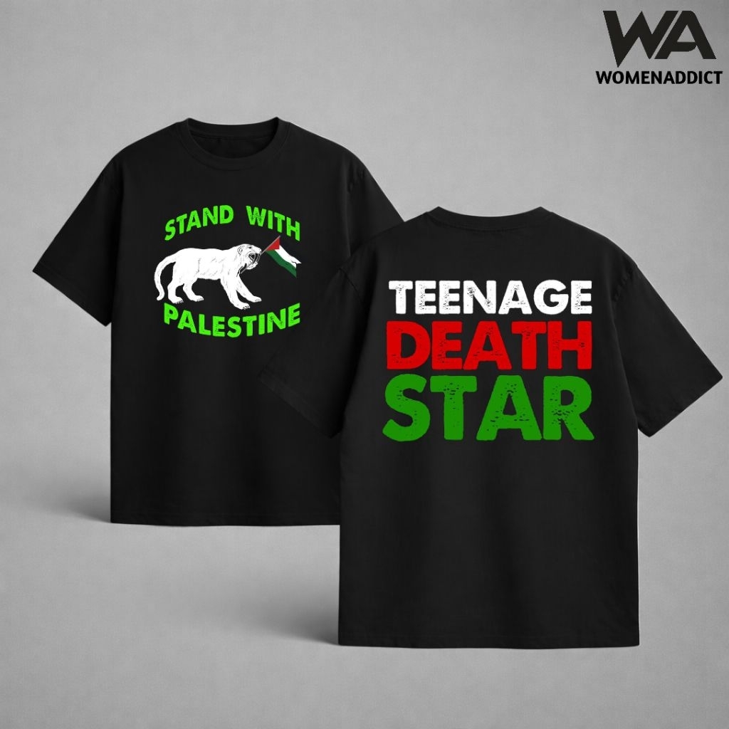 KAOS BAJU TEENAGE DEATH STAR STAND WITH PALESTINE | T-SHIRT OVERSIZE HITAM STYLE Y2K VINTAGE BOOTLEG