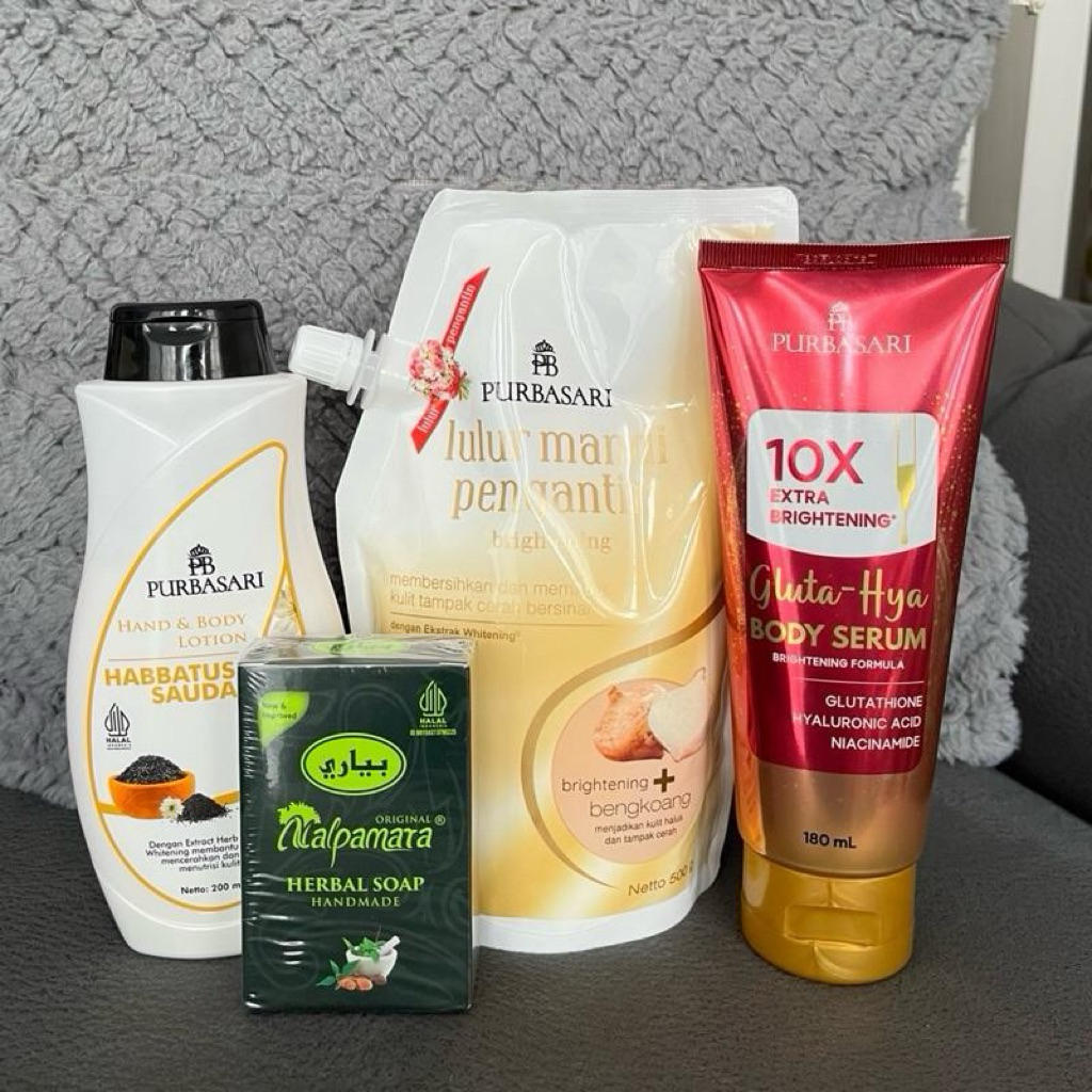 PAKET 4 Perawatan Tubuh Purbasari Lulur Mandi Pengantin Bengkoang 500gr + Hand&Body Lotion Habbatuss