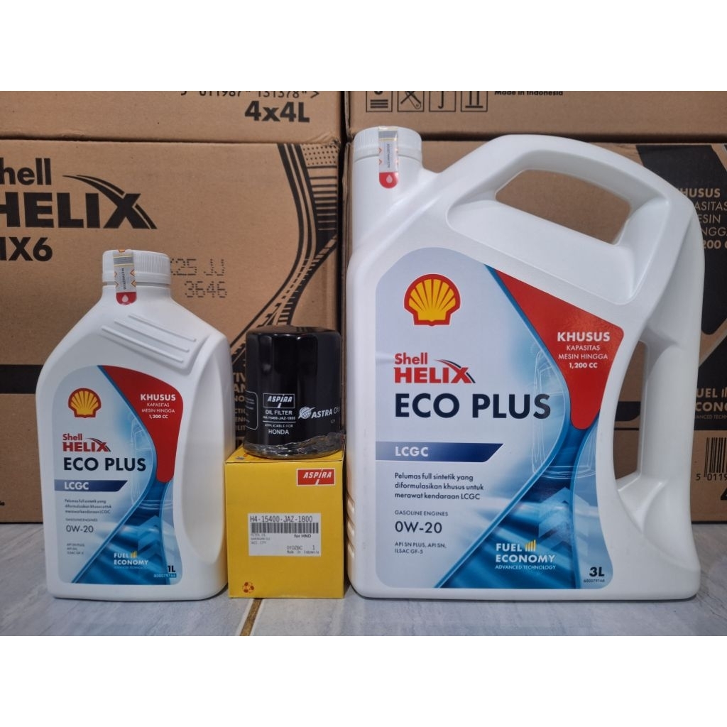 Khusus HONDA BRIO, Paket Oli SHELL ECO PLUS 0W-20 4 Liter dan filter oli HONDA BRIO.