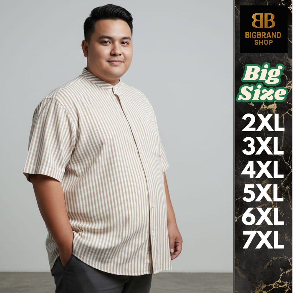 BIGBRAND Kemeja Pria Kerah Shanghai Jumbo Lengan Pendek Salur Stripe Garis garis Big Size Premium