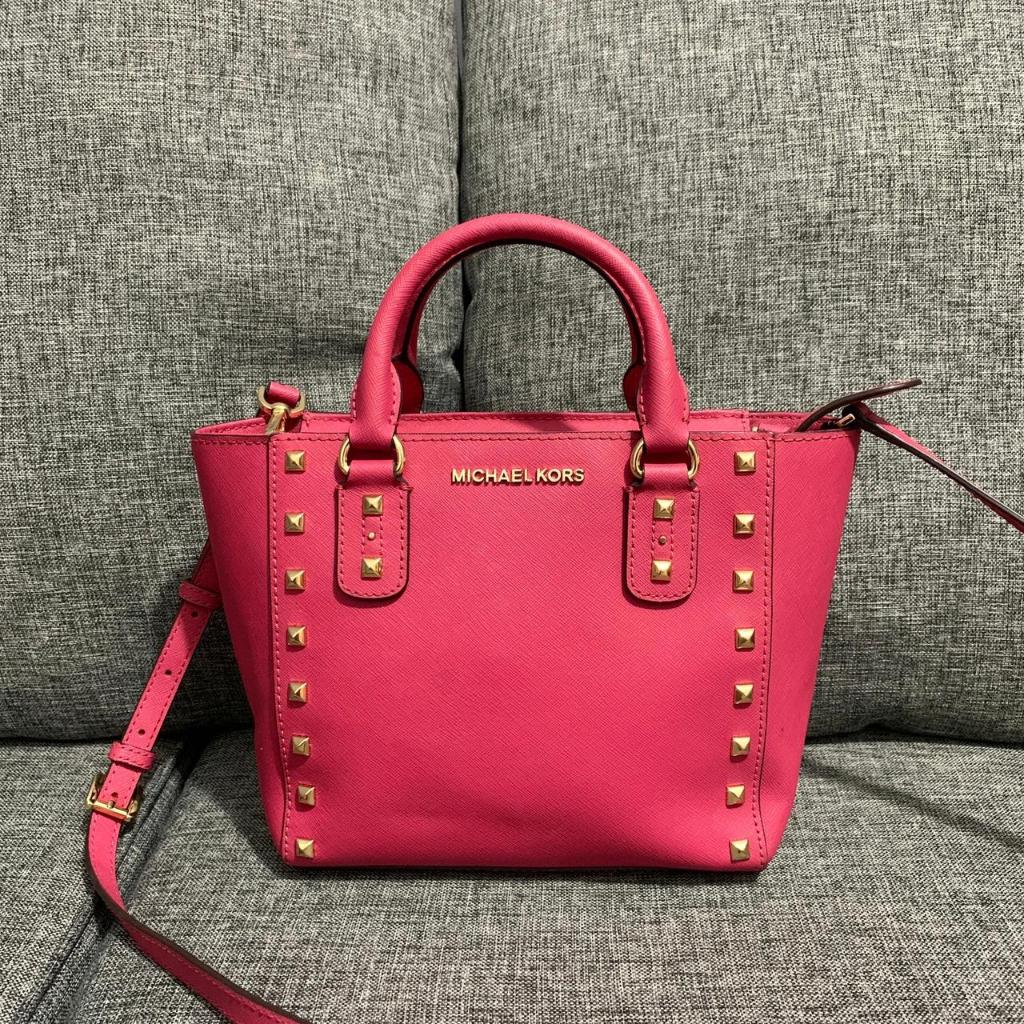 Preloved Tas Michael Kors Sandrine Studded Satchel Fuschia Authentic Original