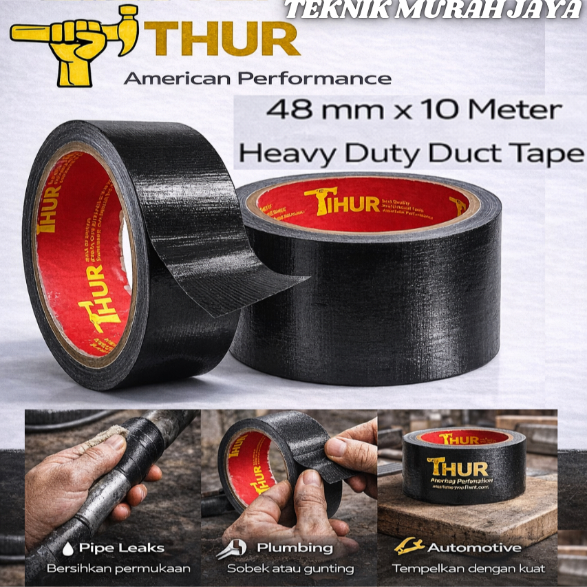 THUR Cloth Tape Duct Tape Lakban Kain Warna Hitam 48 mm x 10 meter 2 inch x 10m Adhesive Natural Rub