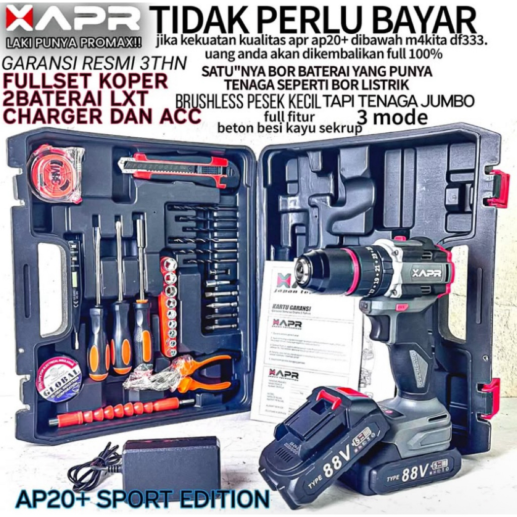 CORDLESS DRILL APR AP20+ FULLSET AKSESORIS 88V MESIN BOR BATERAI APR AP20+ 88V FULLSET