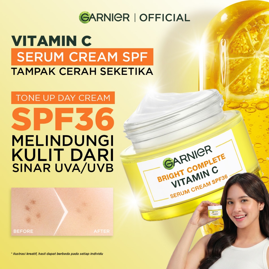 GARNIER Bright Complete Vitamin C Brightening Serum Tone Up Day Cream Krim Mencerahkan SPF 36 PA +++
