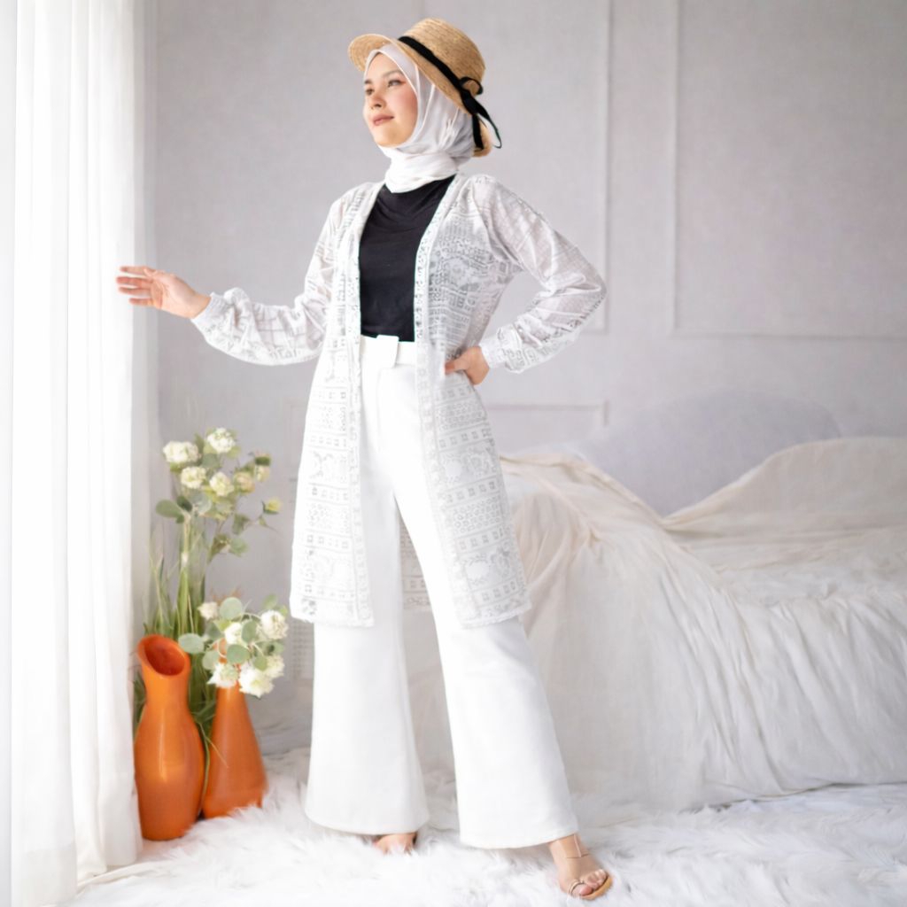 Cardigan Wanita Kekinian Long Outer Brokat Kondangan Lengan Panjang Bahan Brokat Premium