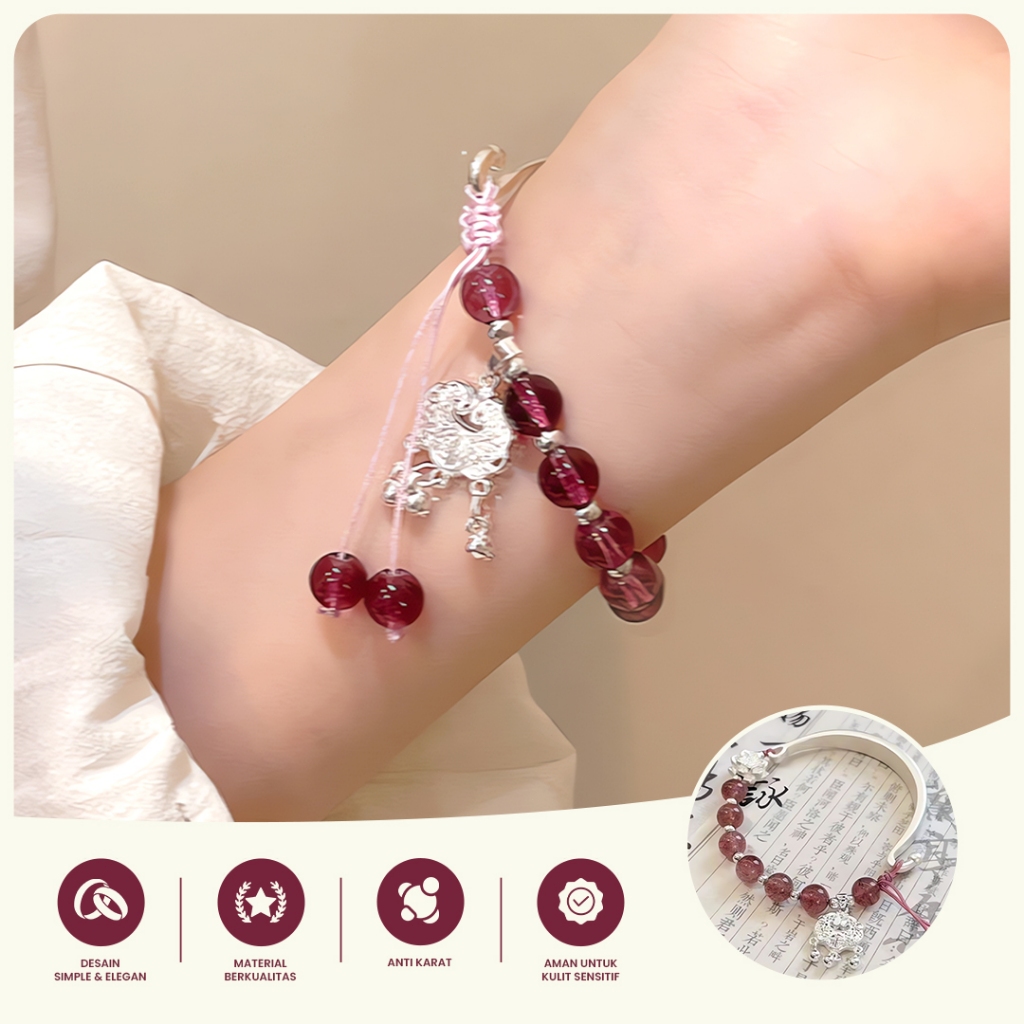 Gelang Wanita Batu Merah Giok  – Bracelet Manik Merah Fashion Korea Style – Gelang Charm Wanita Anti