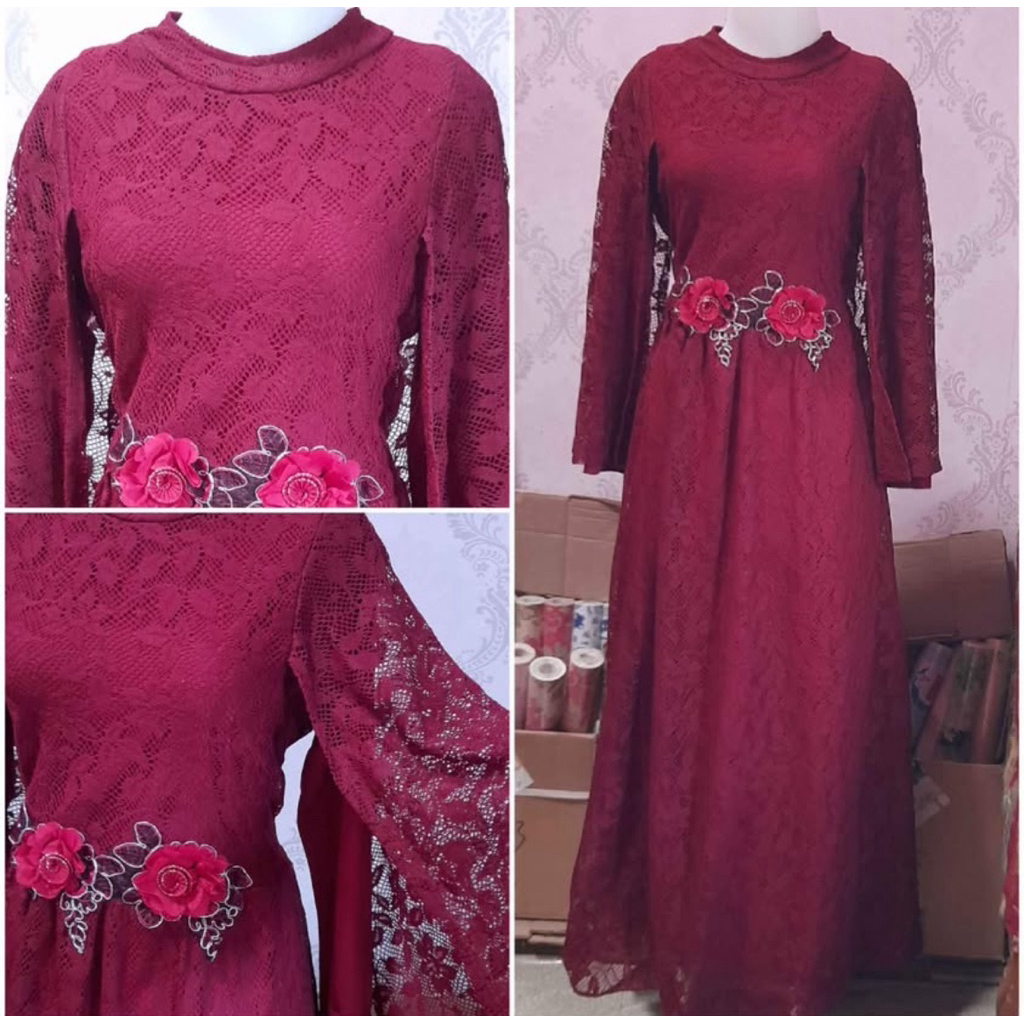 GAMIS DRESS BROKAT PESTA WANITA MERAH MAROON LENGAN KELELAWAR