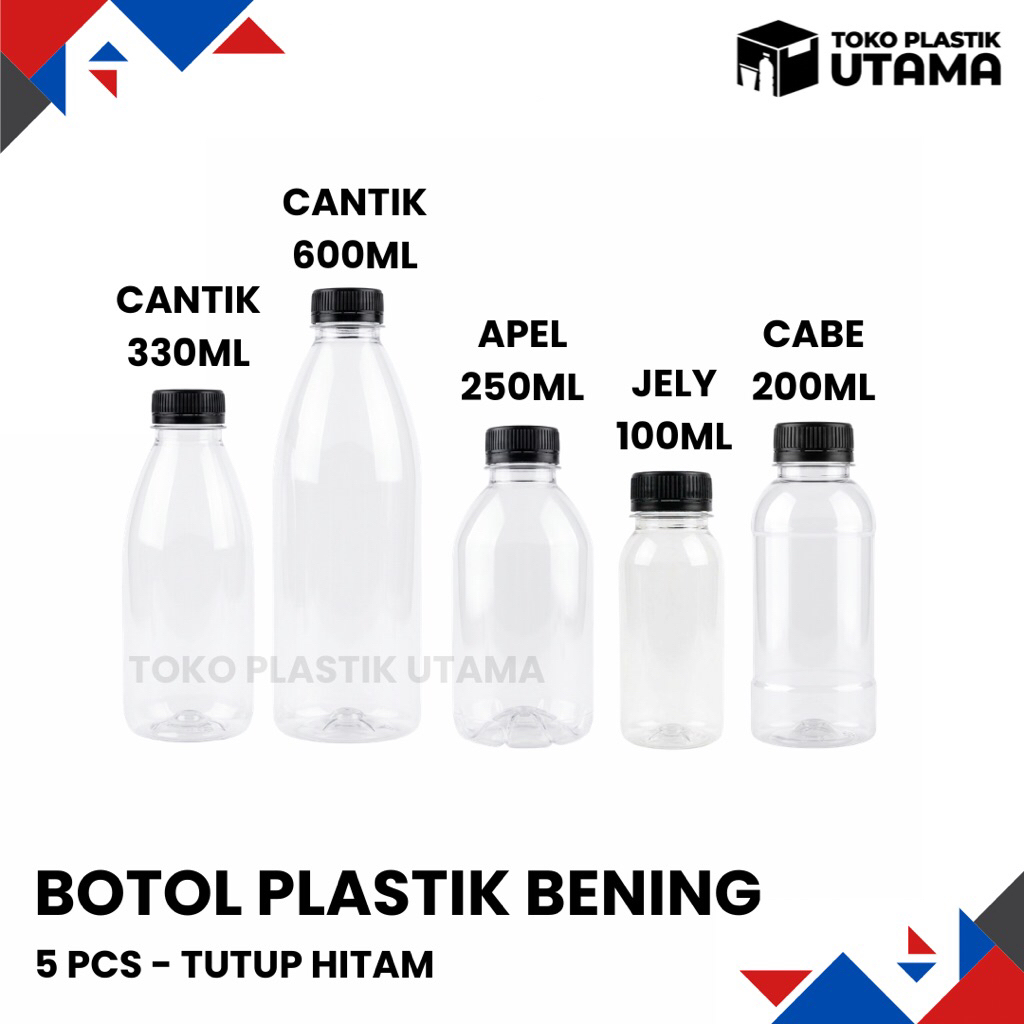 Botol Plastik Bening Tutup Hitam 100ml 200ml 260ml 330ml 600ml isi 5 pcs