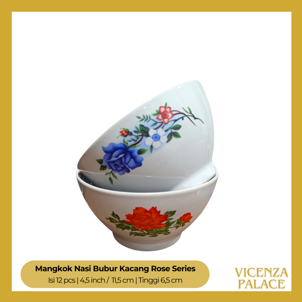 Mangkok Keramik Nasi Bubur Kacang Motif Kembang Rose Merah Biru  (1 Lusin)