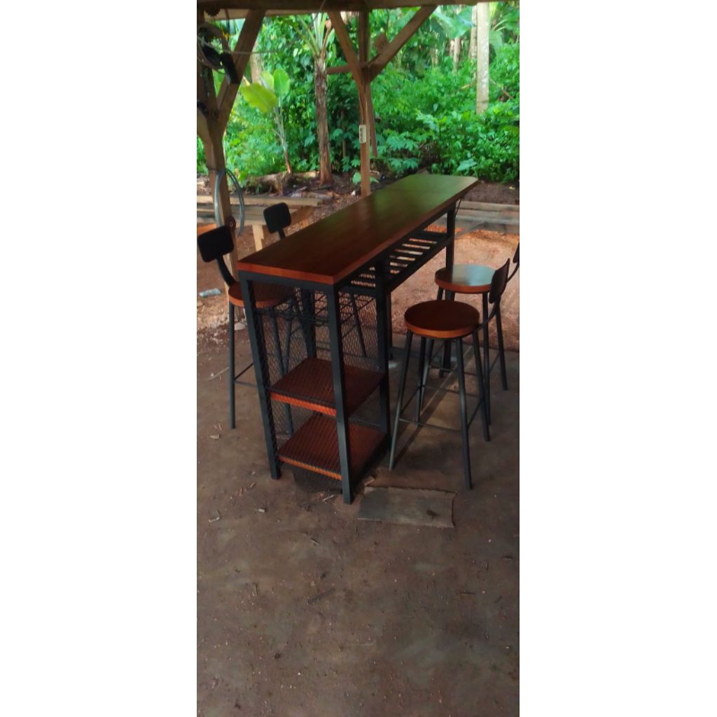 meja bar meja makan meja lipat 4 kusi kayu jati asli kaki besi hollow menerima custom sesuai dengan 
