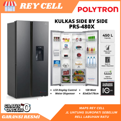 POLYTRON Kulkas 2 Pintu Kaca PRS480 Kulkas Polytron Side By Side 2 Pintu PRS 480X With Dispenser