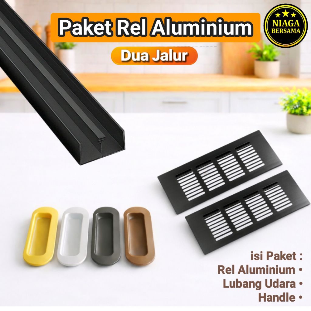Rel Aluminium 2 Jalur + Lubang Udara + Handle Tanam | Rel Kolong Dapur Kitchen Set
