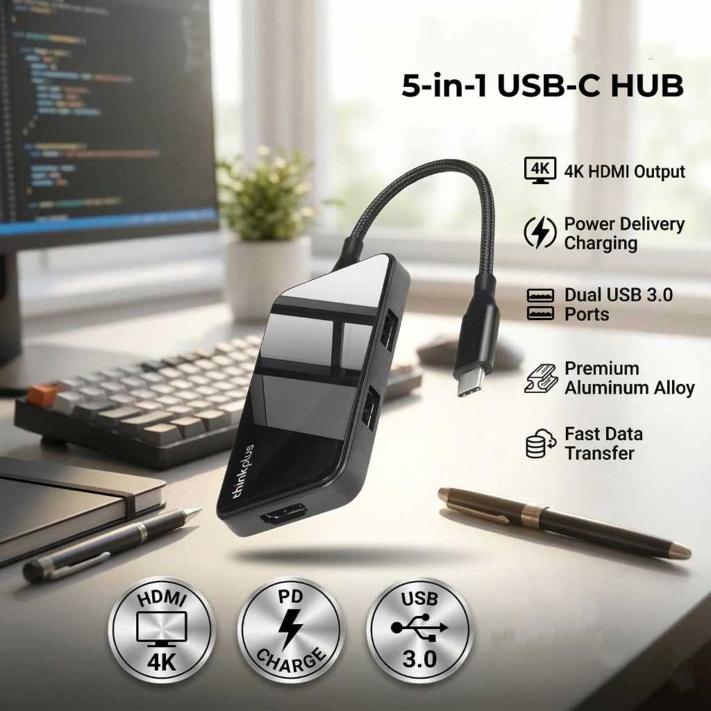 See Shop ID - Lenovo Thinkplus USB Hub Type C 3.0 Adapter 5in1 USB HDMI USB Type C - TPH-05