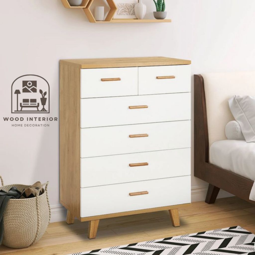 Drawer pakaian Nakas minimalis serat kayu dan putih 6 Laci