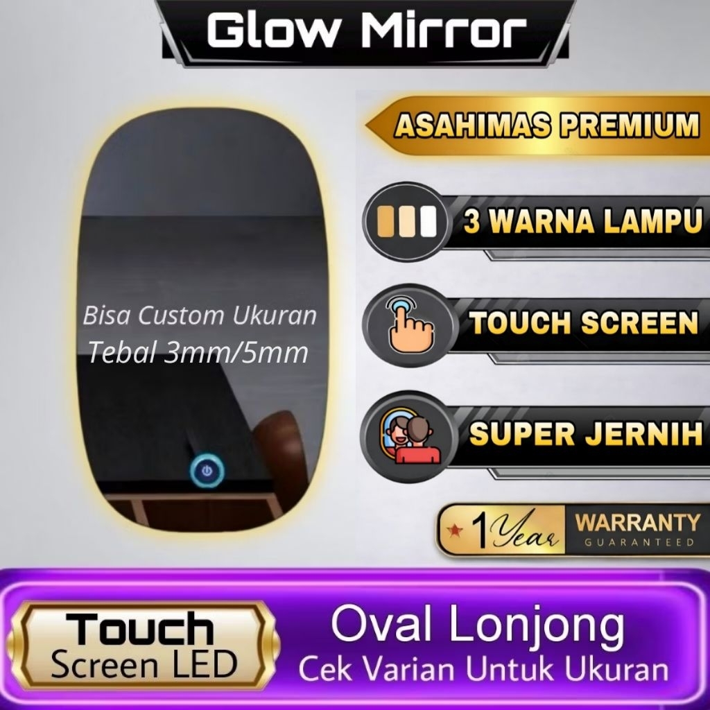 Cermin Dinding Wastafel Kamar Mandi Aesthetic Cermin Lonjong Touch Screen LED