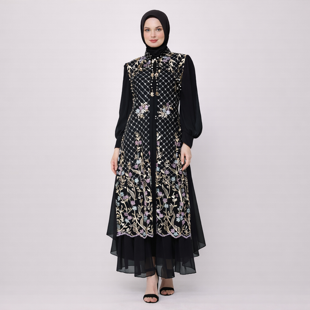 Baju Muslim Hitam Wanita | Baju Hitam | Gamis Aisyah Rompi Lepasan Lunnabby