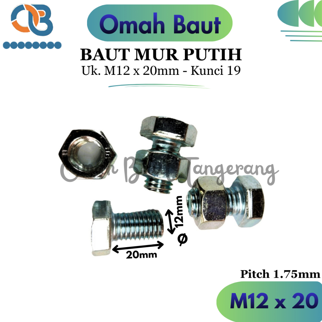 BMP M12x20 Baut Mur Putih M12 x 20 Galvanis