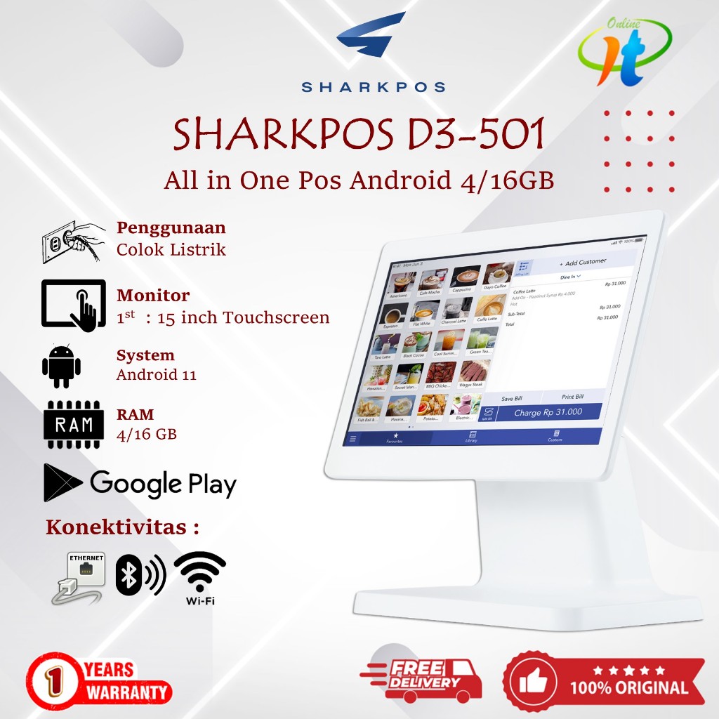 PROMO All in One POS Sharkpos D3 501 4/16GB Monitor Mesin Kasir 15 inch Touchscreen Resto Cafe