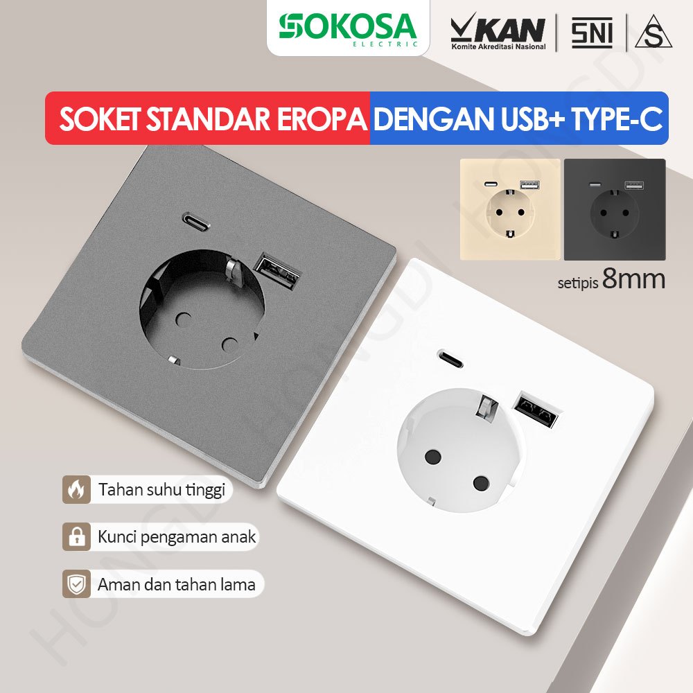 SOKOSA Saklar stop kontak Saklar dinding aesthetic Soket standar eropa Stop kontak usb Stopkontak