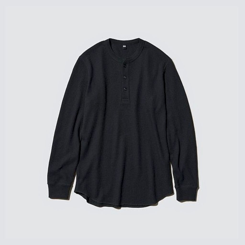 Mens Waffle Henley Neck Long Sleeve Tshirt Uniqlo Black