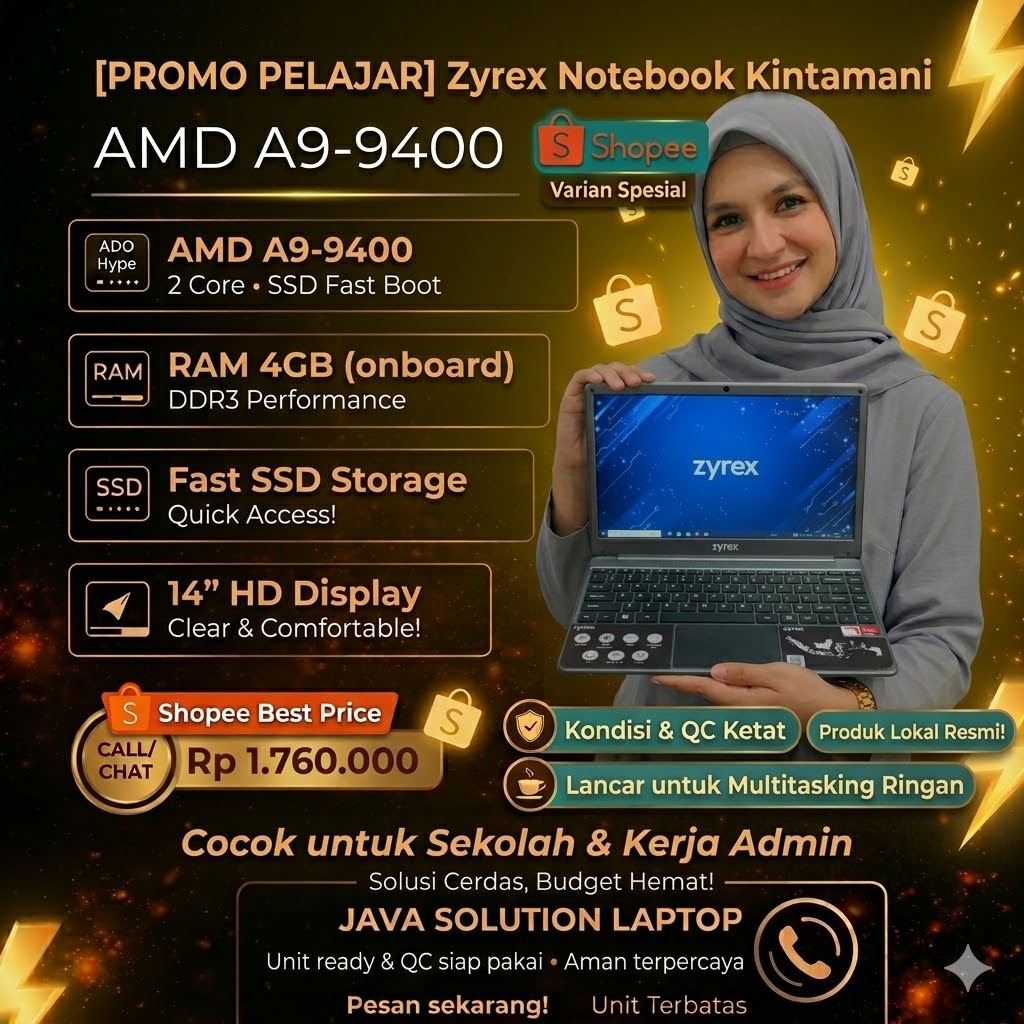 Laptop Zyrex Notebook Kintamani AMD A9-9400 Ram 4Gb Ssd 512Gb